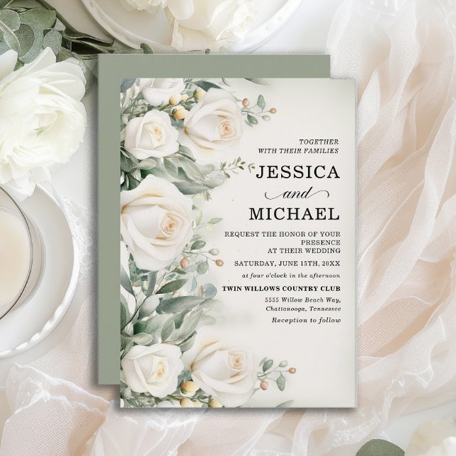 White Roses Greenery Elegant Wedding Invitation (Elegant white roses wedding invitation)