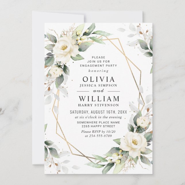 White Roses Greenery Floral Engagement Party Invitation (Front)