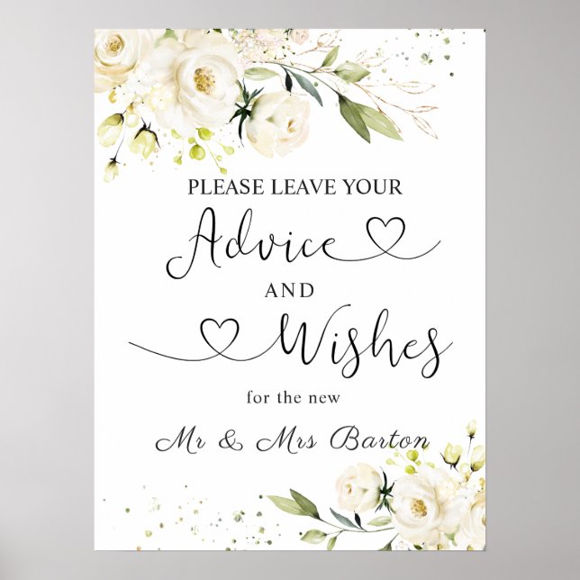 White Roses Greenery Foliage Advice & Well Wishes  Poster (Front)