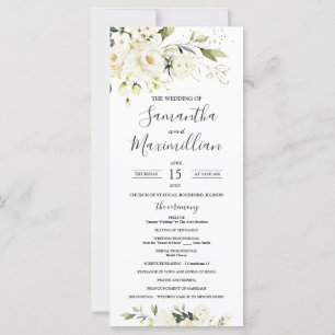 White Roses Greenery Foliage Wedding Program
