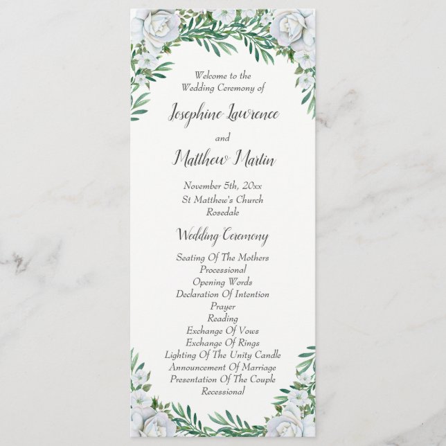 White Roses Greenery Foliage Wedding Programme (Front)