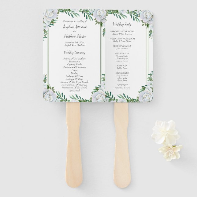White Roses Greenery Foliage Wedding Programs Hand Fan (Front and Back)
