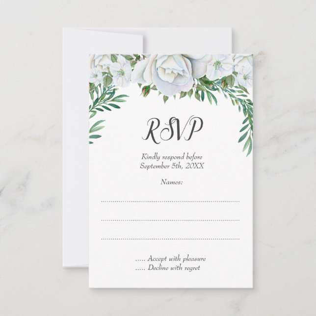 White Roses Greenery Foliage Wedding RSVP Card (Front)