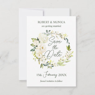 White Roses Greenery Foliage Wedding Save the Date Invitation