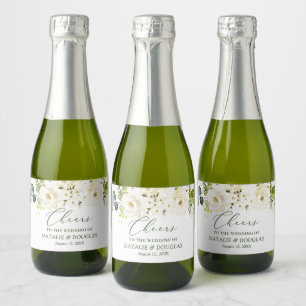 White Roses Greenery Foliage Wedding  Sparkling Wine Label