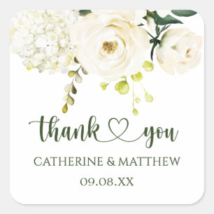 White Roses Greenery Foliage Wedding Square Sticker