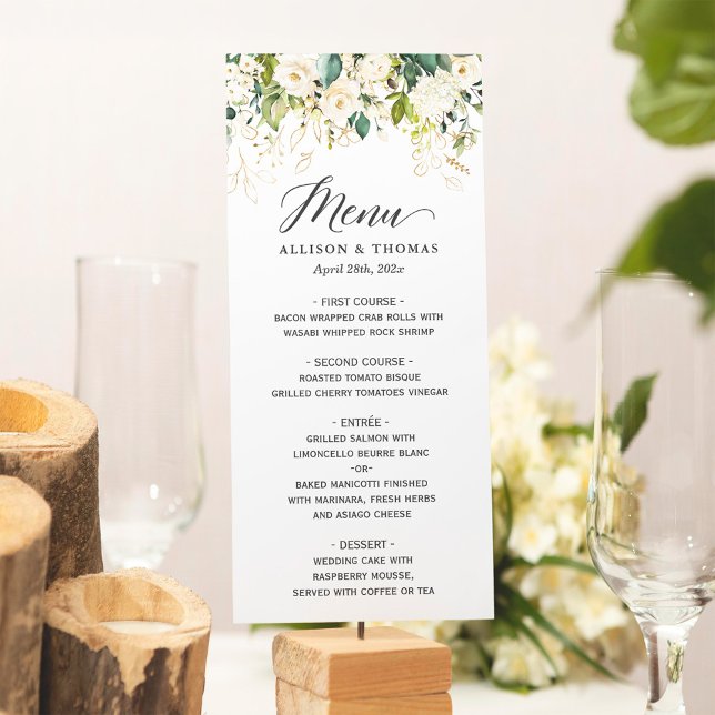 White Roses Greenery Gold Floral Wedding Menu (Creator Uploaded)