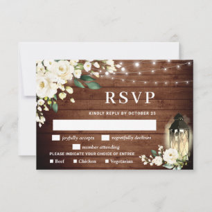 White Roses Greenery Lantern Rustic Wood RSVP Card