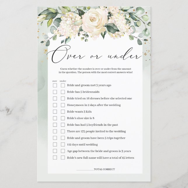 White Roses Greenery Over or Under Bridal Game (Front)