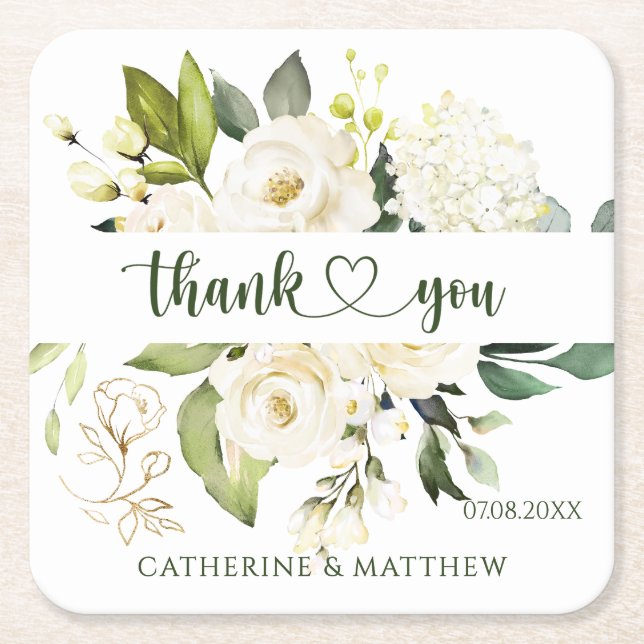 White Roses Greenery Thank You  Square Paper Coaster (Front)