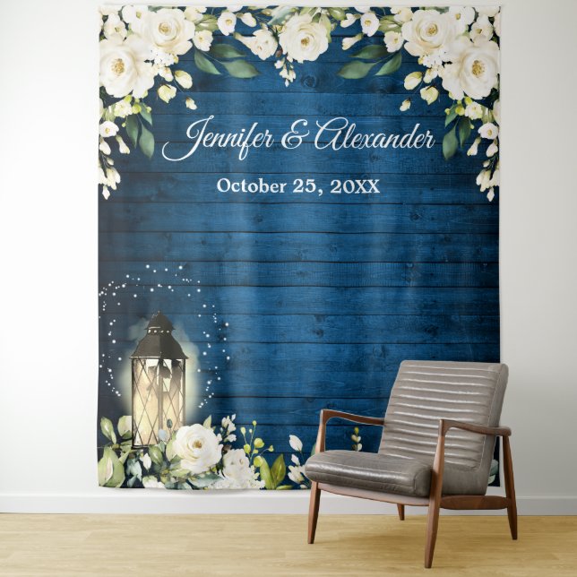 White Roses Greenery Wedding Photo Booth Backdrop Tapestry (In Situ)