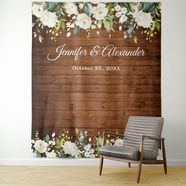 White Roses Greenery Wedding Photo Booth Backdrop Tapestry (In Situ)