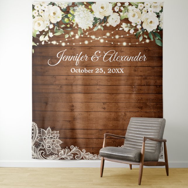 White Roses Greenery Wedding Photo Booth Backdrop Tapestry (In Situ)