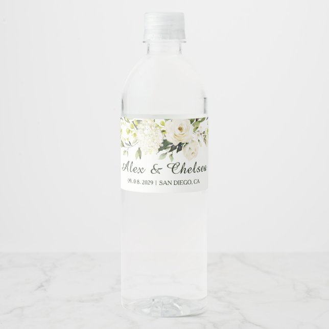 White Roses Greenery Wedding  Water Bottle Label (Front)