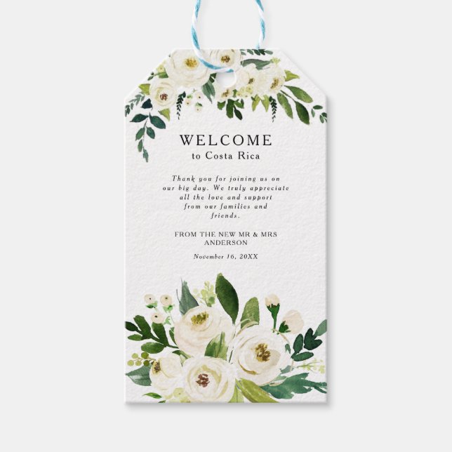 White Roses Greenery Wedding Welcome Bag Tag (Front)