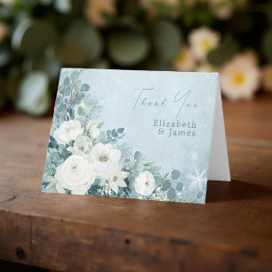 White Roses Hellebores Silver Eucalyptus Wedding Thank You Card