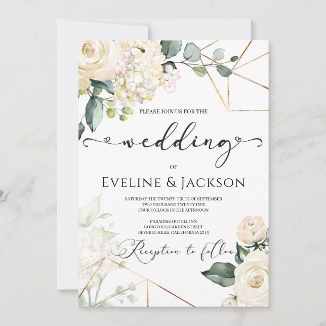 White roses hydrangeas greenery gold wedding invitation (Front)