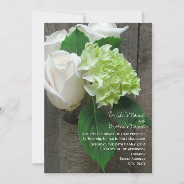 White Roses & Hydrangeas Rustic Barn Wood Wedding Invitation (Front)