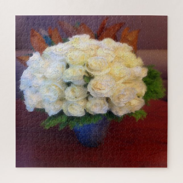 White Roses in a Blue Vase Jigsaw Puzzle (Vertical)