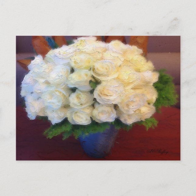 White Roses in a Blue Vase Postcard (Front)