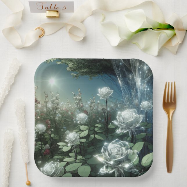 White Roses In Magical Garden Paper Plate (Wedding)