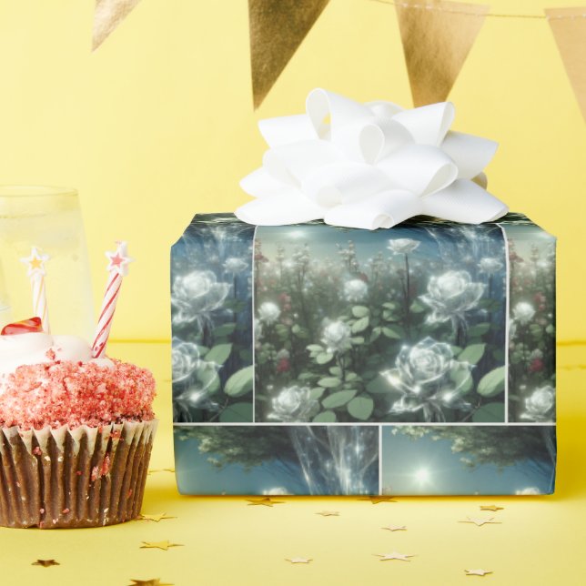 White Roses In Magical Garden Wrapping Paper (Birthday Party)