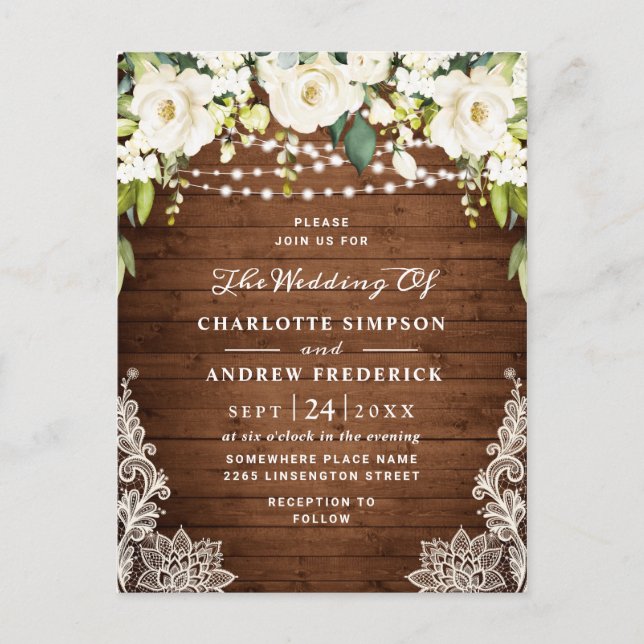 White Roses Lace Rustic Wedding Invitation Card (Front)