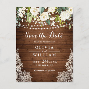 White Roses Lace Rustic Wedding Save the Date Postcard
