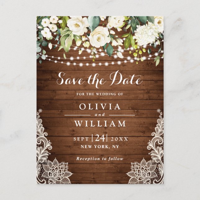 White Roses Lace Rustic Wedding Save the Date Postcard (Front)