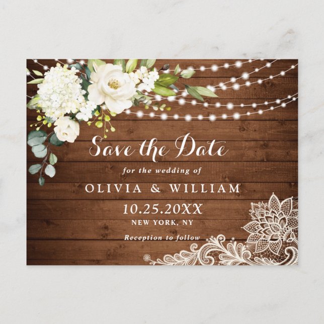 White Roses Lace Rustic Wedding Save the Date Postcard (Front)