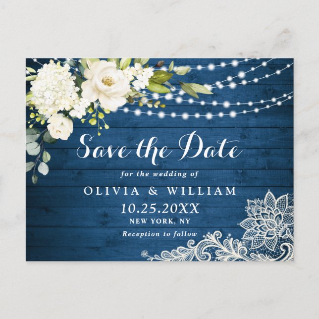 White Roses Lace Rustic Wedding Save the Date Postcard (Front)