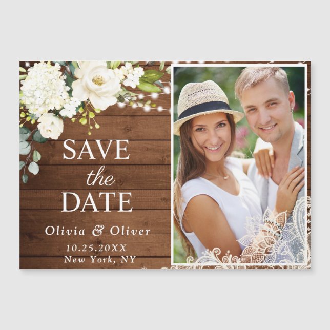 White Roses Lace Save the Date Magnetic Card (Front)