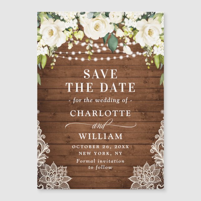 White Roses Lace Save the Date Magnetic Card (Front)