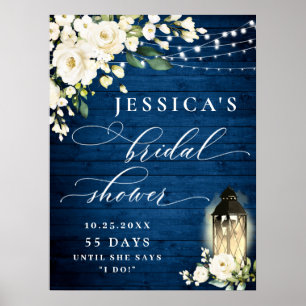 White Roses Lantern Blue Wood Bridal Shower Poster