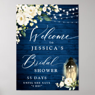 White Roses Lantern Blue Wood Bridal Shower Poster