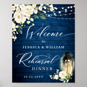 White Roses Lantern Blue Wood Rehearsal Dinner Poster