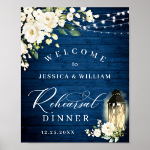 White Roses Lantern Blue Wood Rehearsal Dinner Poster