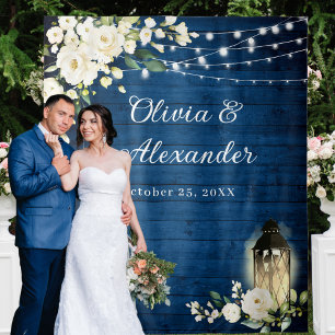 White Roses Lantern Blue Wood Wedding Backdrop Tapestry