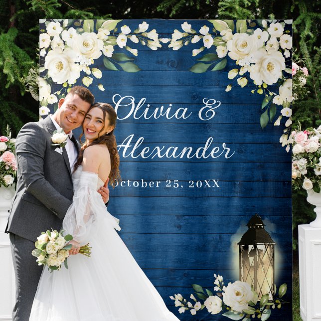White Roses Lantern Blue Wood Wedding Backdrop Tapestry (Creator Uploaded)