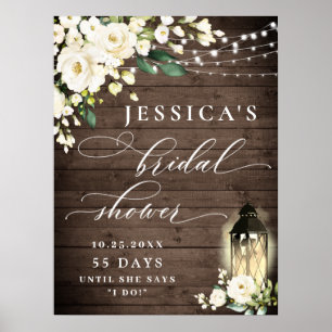 White Roses Lantern Rustic Wood Bridal Shower Poster
