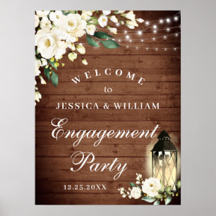 White Roses Lantern Rustic Wood Engagement Party Poster