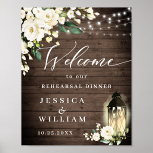 White Roses Lantern Rustic Wood Rehearsal Dinner Poster
