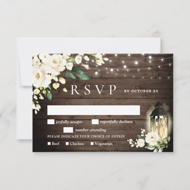 White Roses Lantern Rustic Wood Wedding RSVP Card (Front)