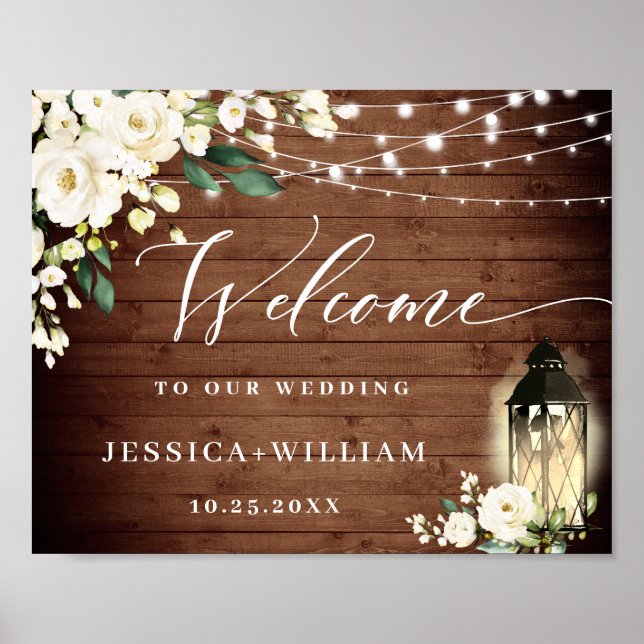 White Roses Lantern Rustic Wood Welcome Wedding Poster (Front)