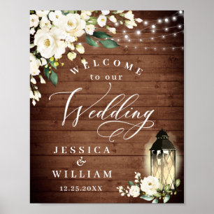 White Roses Lantern Rustic Wood Welcome Wedding Poster