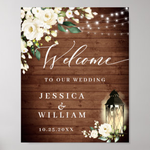 White Roses Lantern Rustic Wood Welcome Wedding Poster