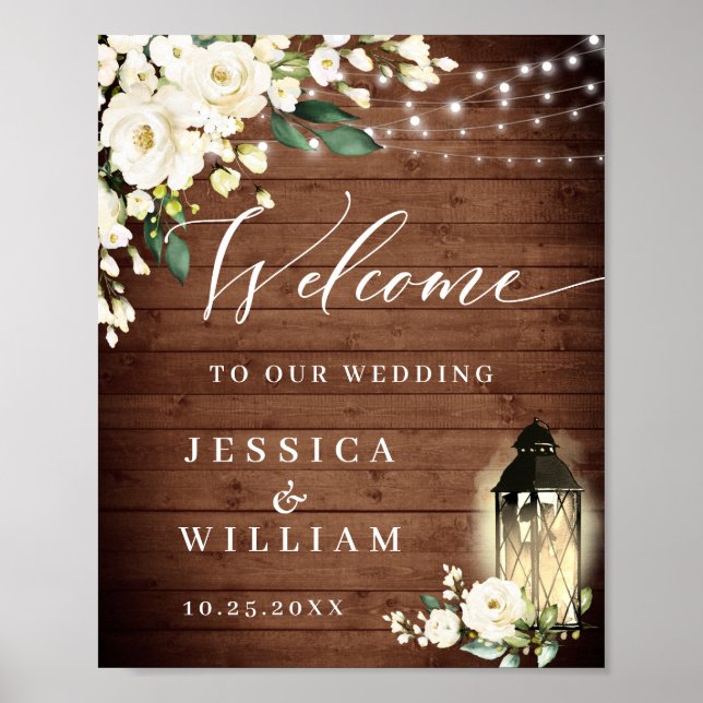 White Roses Lantern Rustic Wood Welcome Wedding Poster (Front)