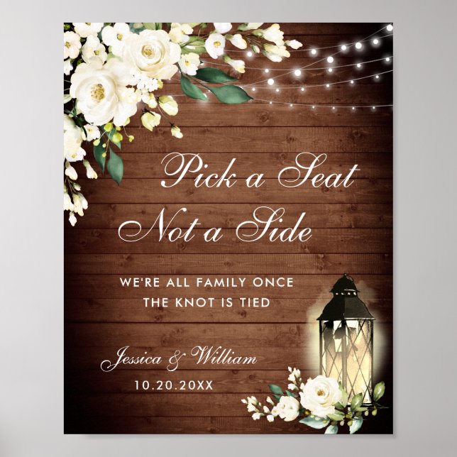 White Roses Lantern Wedding Ceremony Seating Poster (Front)