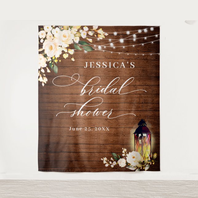 White Roses Lantern Wood Bridal Shower Backdrop Tapestry (Front)