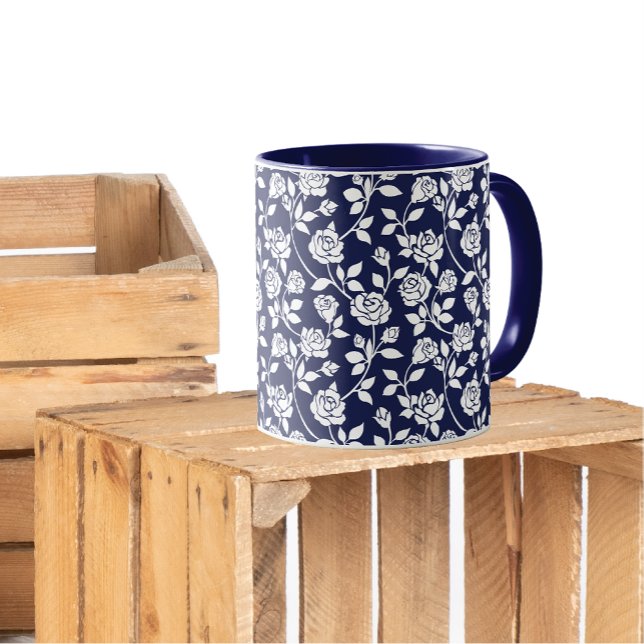 White Roses Leaves Navy Blue Background Pattern Mug (Creator Uploaded)